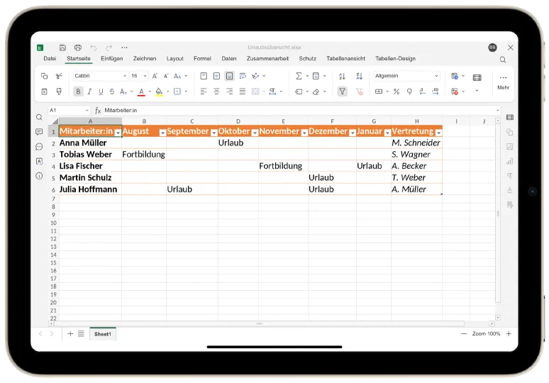 Office-Integration in der Musikschul-App: Tabellenkalkulation