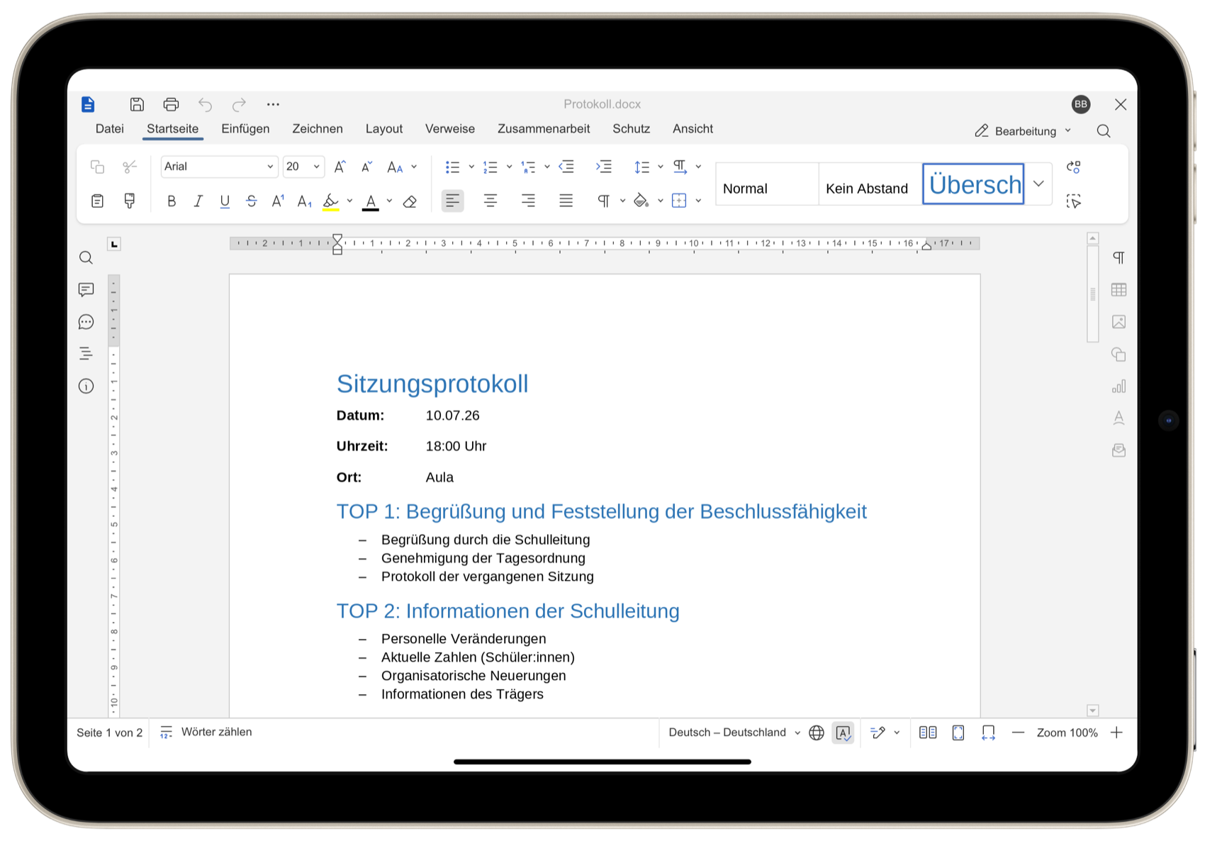 Office-Integration in der Musikschul-App: Textdokumente