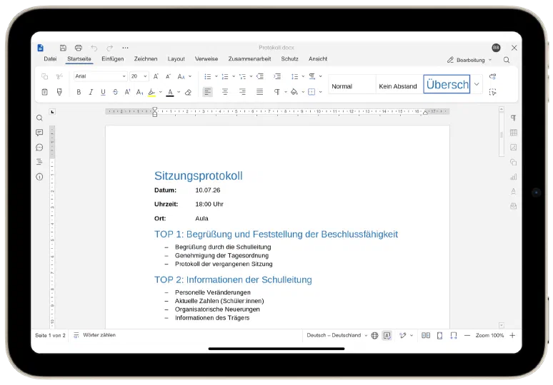 Office-Integration in der Musikschul-App: Textdokumente