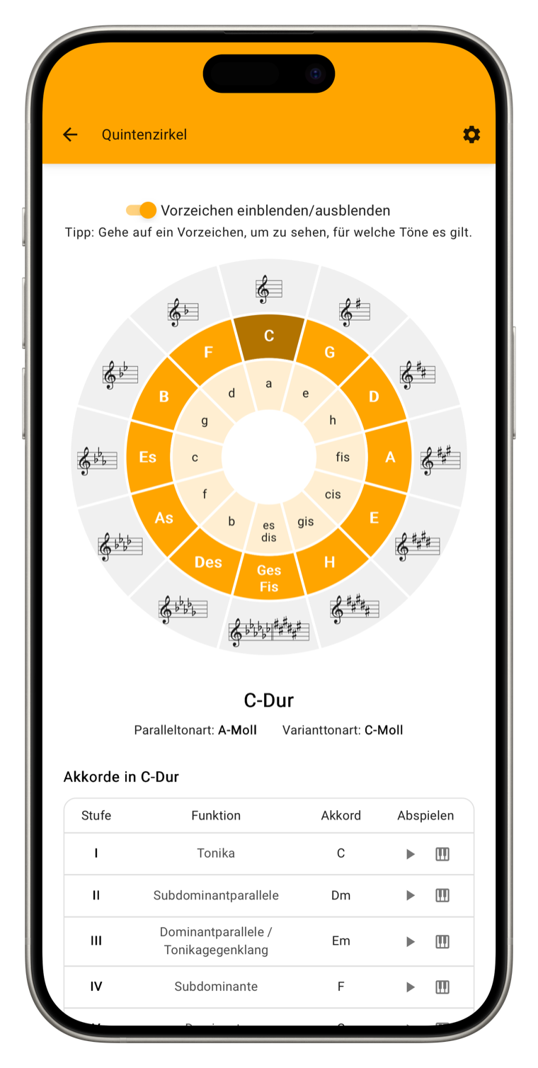 Quintenzirkel im Tools-Modul der Musikschul-App