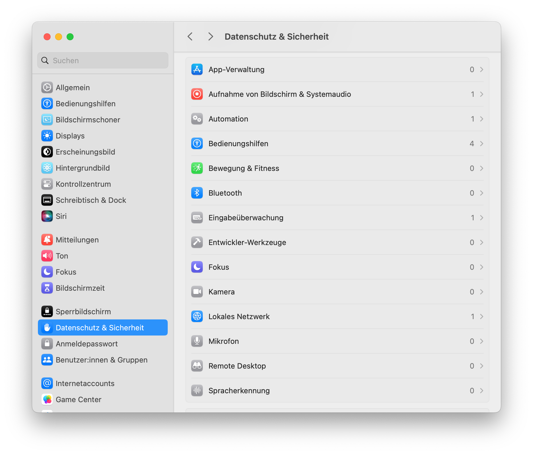 macOS Systemeinstellungen - Datenschutz und Sicherheit