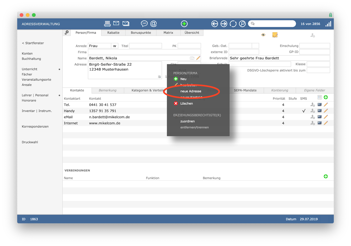 Bearbeitungsmenü: neue Adresse