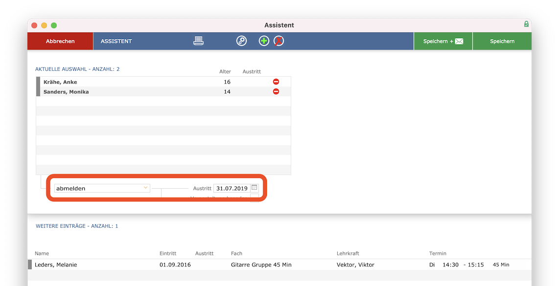 Aktion: Abmelden mit Austrittsdatum