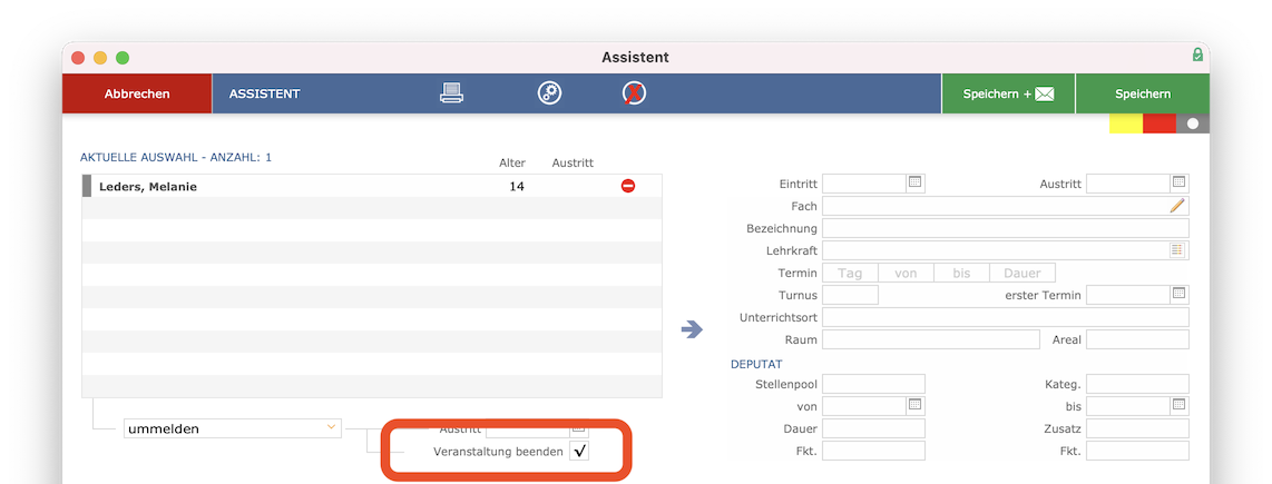 Ummelden letzten Teilnehmer, Veranstaltung beenden