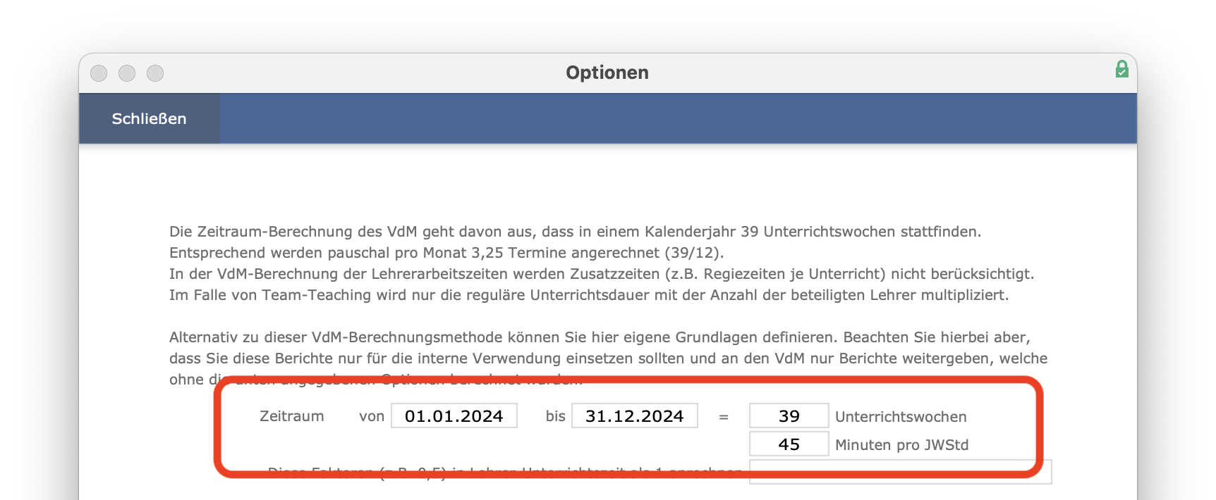 imikel_vdm_berichte_einstellungen_zeitraum_wochen_jahreswochenstunden